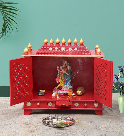 Big Sheesham MDF Red Wooden Pooja Temple for Home