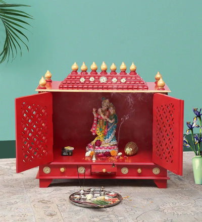 Big Sheesham MDF Red Wooden Pooja Temple for Home
