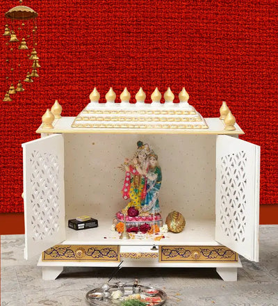 Big Sheesham MDF White Wooden Pooja Temple for Home