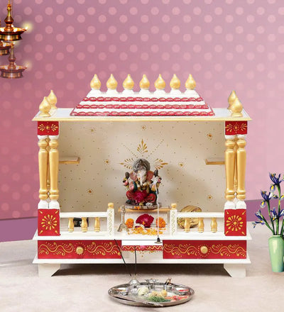 Big Sheesham MDF White Wooden Pooja Temple for Home