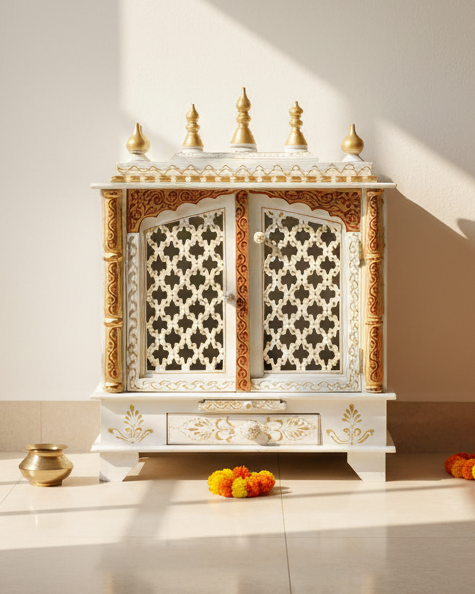White Sheesham MDF Wooden Pooja Temple Puja Mandap For Office | DDASSWT2412RGD - D'DASS Store