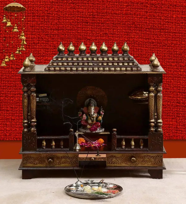 Big Sheesham &amp; MDF Copper Wooden Pooja Temple for Home