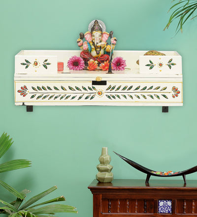 Big White Wall Hanging Wooden Pooja Shelf Chowki For Home