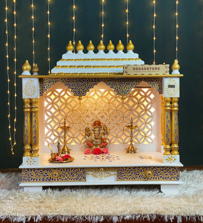 Blue Gold Hand Painted Big Wooden LED Pooja Mandir