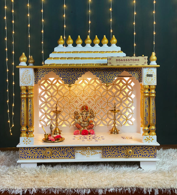 Blue Gold Hand Painted Big Wooden LED Pooja Mandir