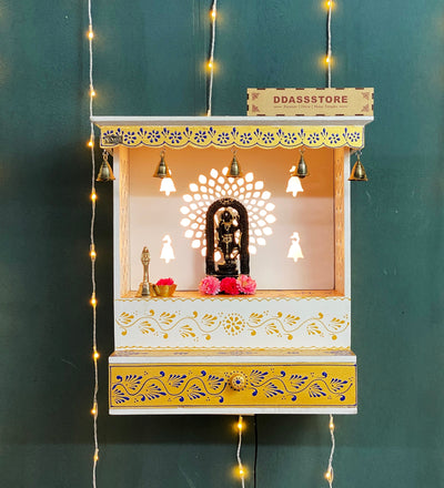 Blue Gold Hand Painted Wooden LED Pooja Mandir