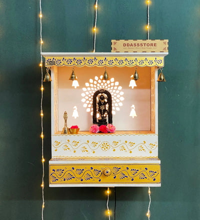 Blue Gold Hand Painted Wooden LED Pooja Mandir