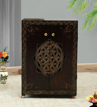 Copper MDF Sheesham Big Wooden Pooja Cabinet With Door For Home &amp; Office