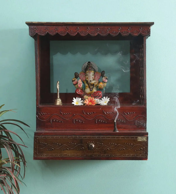 Copper Sheesham MDF Wood Pooja Mandir For Home & Office
