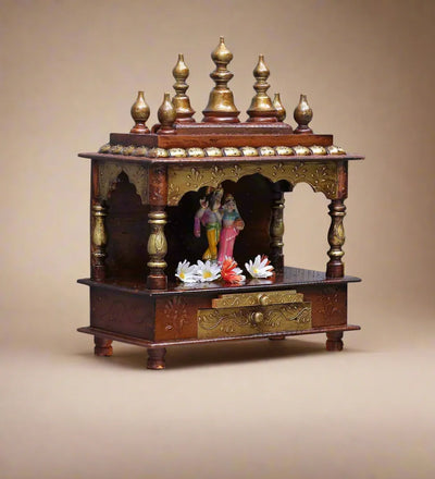 Copper Sheesham MDF Wooden Pooja Temple For Office