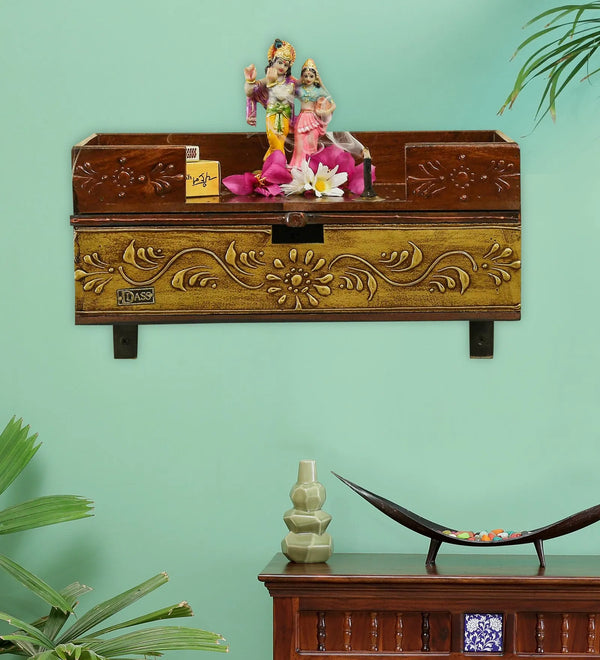 Copper Wall Hanging Wooden Pooja Chowki For Home &amp; Office