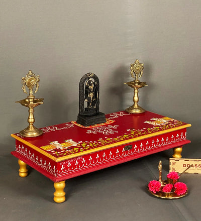 Shri Laddu Gopal Handpainted Wooden Pooja Chowki & Bajot Patta For Home - D'DASS Store