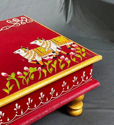 Shri Laddu Gopal Handpainted Wooden Pooja Chowki & Bajot Patta For Home - D'DASS Store