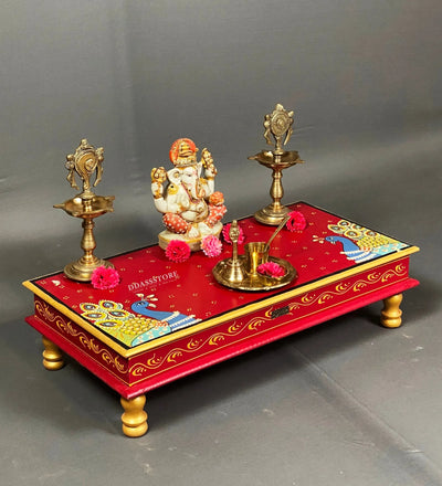 Shri Kartikeya Murugan Wooden Pooja Chowki & Bajot Patta For Home - D'DASS Store