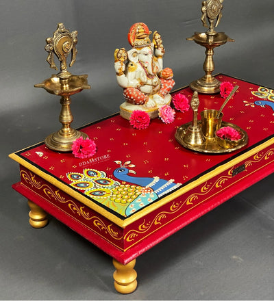 Shri Kartikeya Murugan Wooden Pooja Chowki & Bajot Patta For Home - D'DASS Store