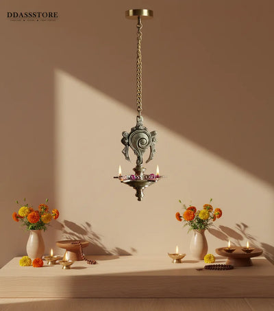 Traditional Brass Vishnu Shankh Chakra Hanging Diya Lamp | DDASSBR17 - D'DASS Store