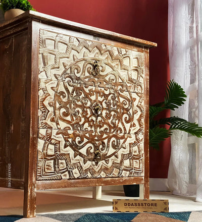 Distressed Solid wood HandCarved Bedside Table for Bed - D'DASS Store