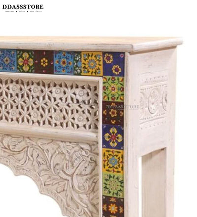 White Solid wood HandCarved Console & Side Table - D'DASS Store