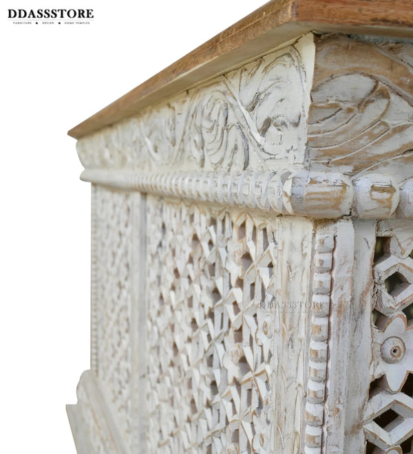 Rustic White Solid wood HandCarved Console & Side Table - D'DASS Store