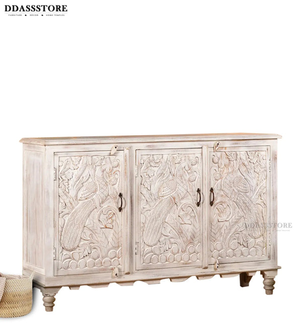 Rustic White Solid wood HandCarved Console & Side Table - D'DASS Store
