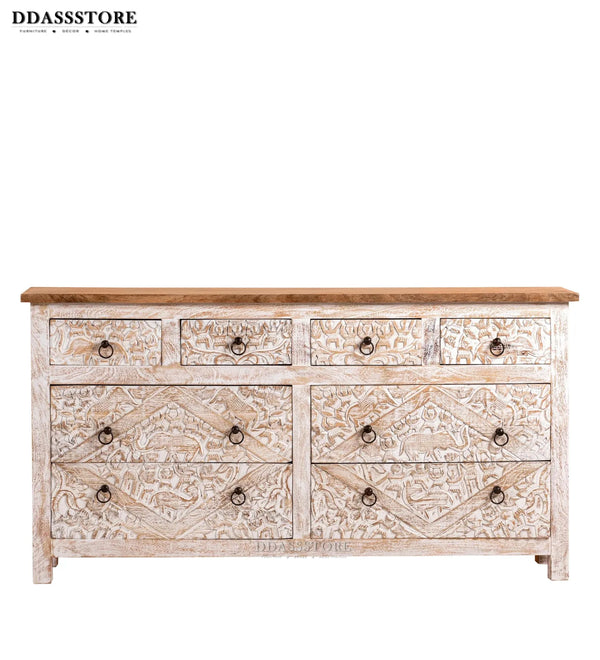 Rustic White Solid wood HandCarved Console & Side Table - D'DASS Store