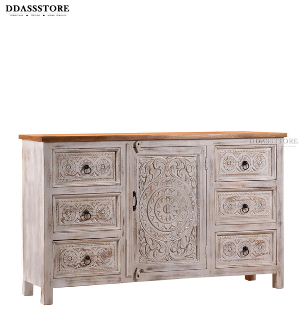 Rustic White Solid wood HandCarved Console & Side Table - D'DASS Store