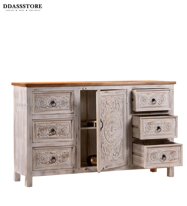 Rustic White Solid wood HandCarved Console & Side Table - D'DASS Store