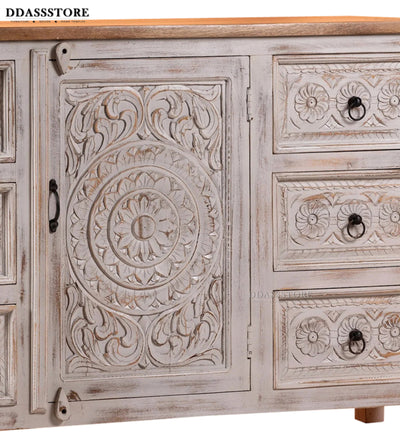 Rustic White Solid wood HandCarved Console & Side Table - D'DASS Store