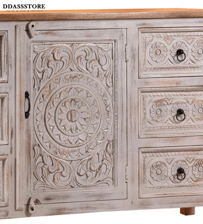 Rustic White Solid wood HandCarved Console & Side Table - D'DASS Store