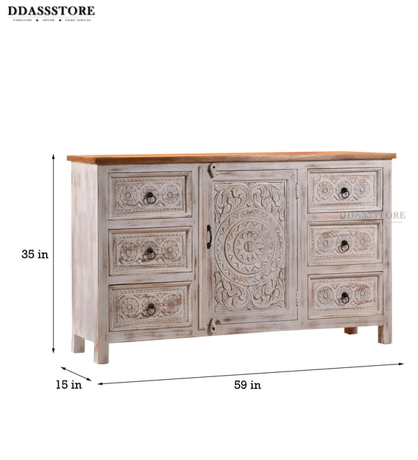 Rustic White Solid wood HandCarved Console & Side Table - D'DASS Store