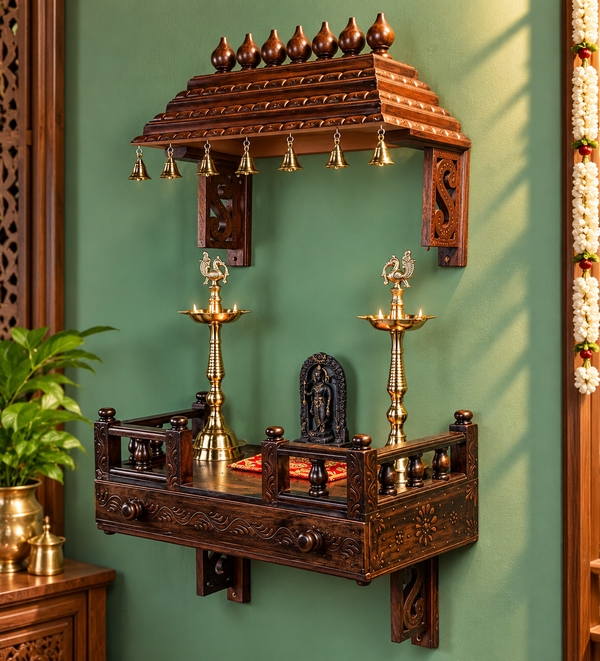 Copper Wall Mounted Wooden Gopuram and Pooja Shelf for Home | Laxmi Pujan Special - D DASS Store