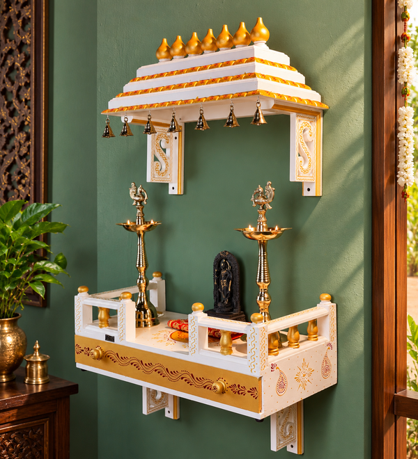 Wall Mounted Wooden Gopuram and Pooja Shelf for Home | Griha pravesh Special - D DASS Store