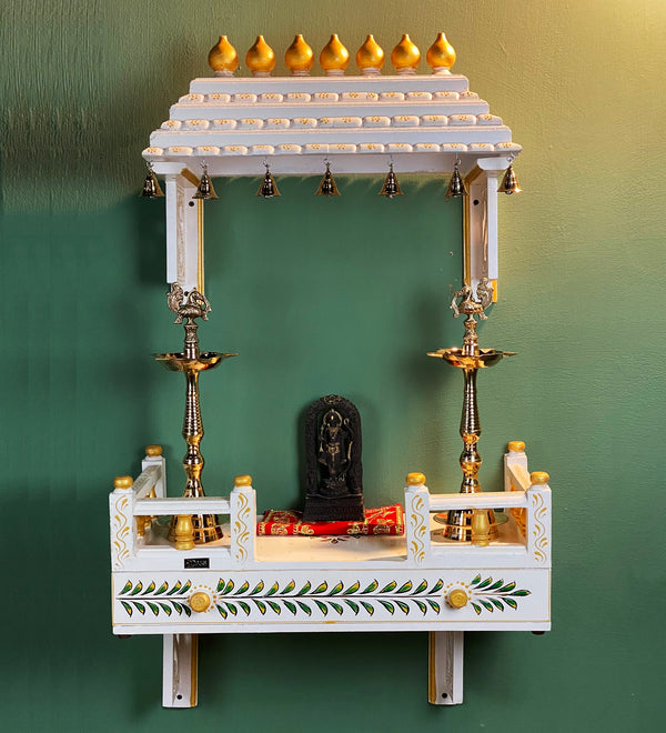 White Wall Mounted Wooden Gopuram and Pooja Shelf for Home | Festive Special - D DASS Store