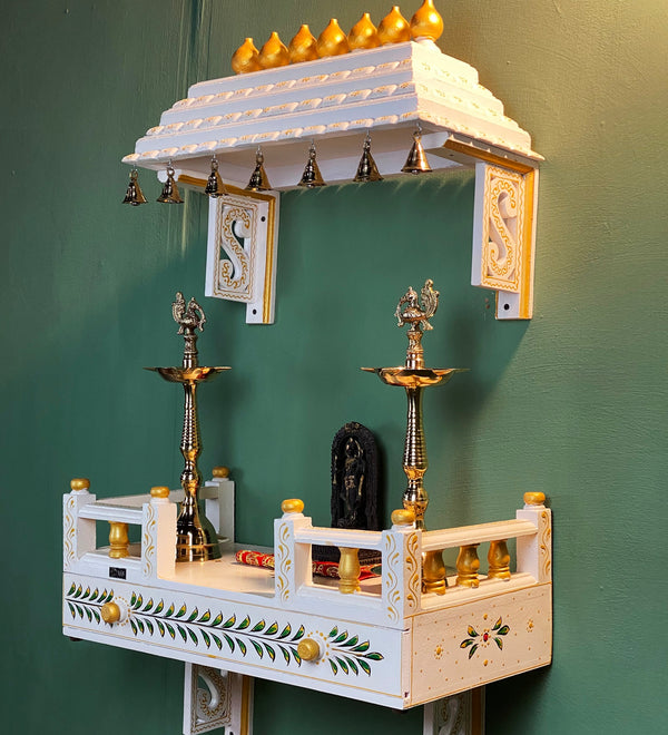 White Wall Mounted Wooden Gopuram and Pooja Shelf for Home | Festive Special - D DASS Store