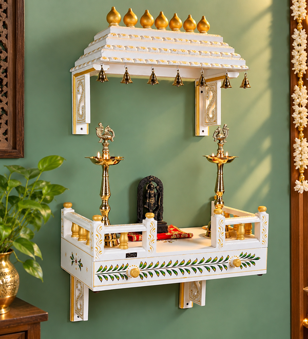 White Wall Mounted Wooden Gopuram and Pooja Shelf for Home | Festive Special - D DASS Store