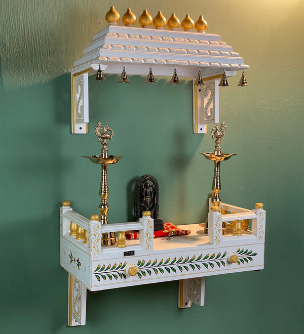 White Wall Mounted Wooden Gopuram and Pooja Shelf for Home | Festive Special - D DASS Store