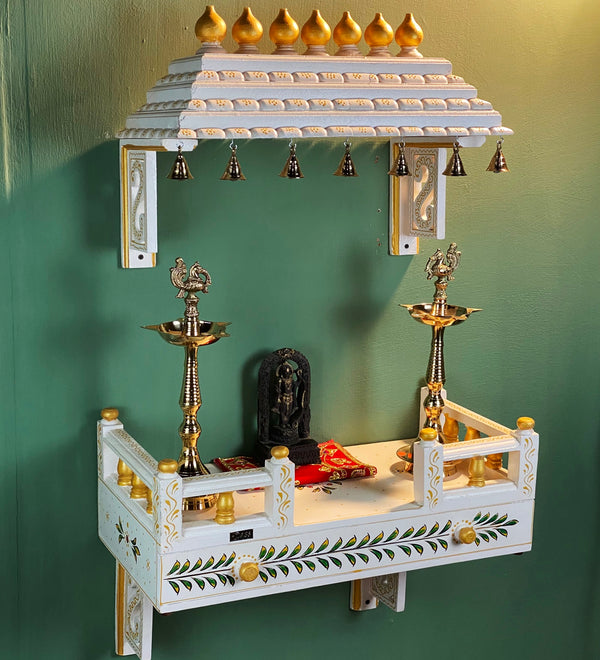 White Wall Mounted Wooden Gopuram and Pooja Shelf for Home | Festive Special - D DASS Store