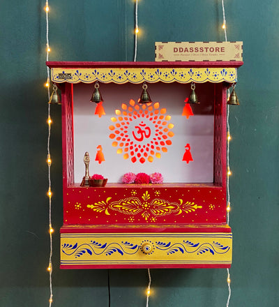 RED Hand Painted Wooden LED Pooja Mandir - D'DASS Store