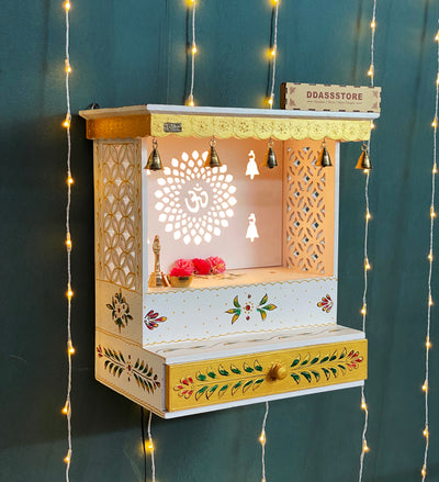 White Hand Painted Wooden LED Pooja Mandir - D'DASS Store