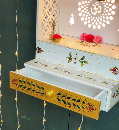 White Hand Painted Wooden LED Pooja Mandir - D'DASS Store