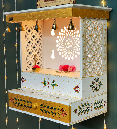 White Hand Painted Wooden LED Pooja Mandir - D'DASS Store