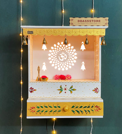 White Hand Painted Wooden LED Pooja Mandir - D'DASS Store