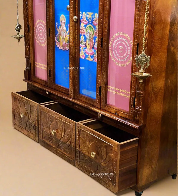 South Indian Style Laxmi Ganesh Solid Sheesham Wood Pooja Mandapam | DDASSMANDAP140 - D'DASS Store