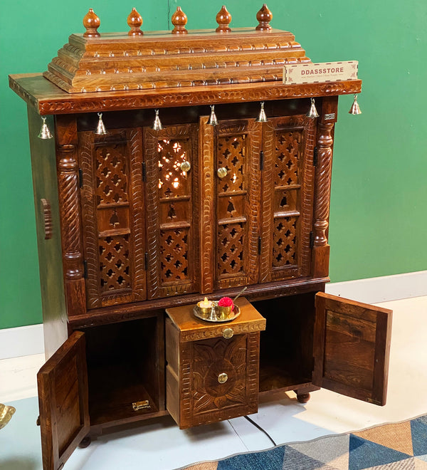 South Indian Style Solid Sheesham Wood Pooja Mandapam with Door | DDASSMANDAP177 - D'DASS Store