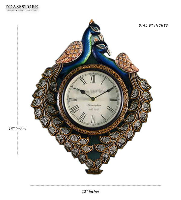 16" Decorative Ethnic Wooden Peacock Painted Wall Clock for Home | House Warming Gift - D'DASS Store