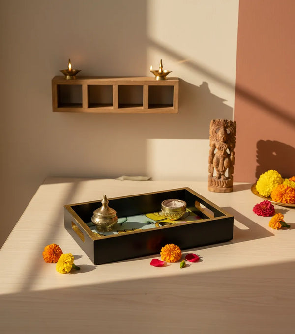 Yellow Kamdhenu Wooden Pooja Tray & Thali for Home Temple - D'DASS Store