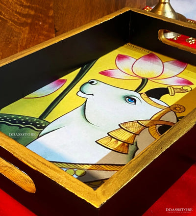 Yellow Kamdhenu Wooden Pooja Tray & Thali for Home Temple - D'DASS Store