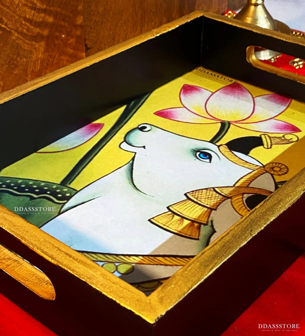 Yellow Kamdhenu Wooden Pooja Tray & Thali for Home Temple - D'DASS Store