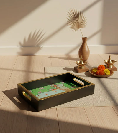 Green Kamdhenu Wooden Pooja Tray & Thali for Home Temple - D'DASS Store