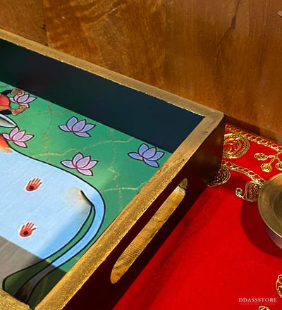 Green Kamdhenu Wooden Pooja Tray & Thali for Home Temple - D'DASS Store
